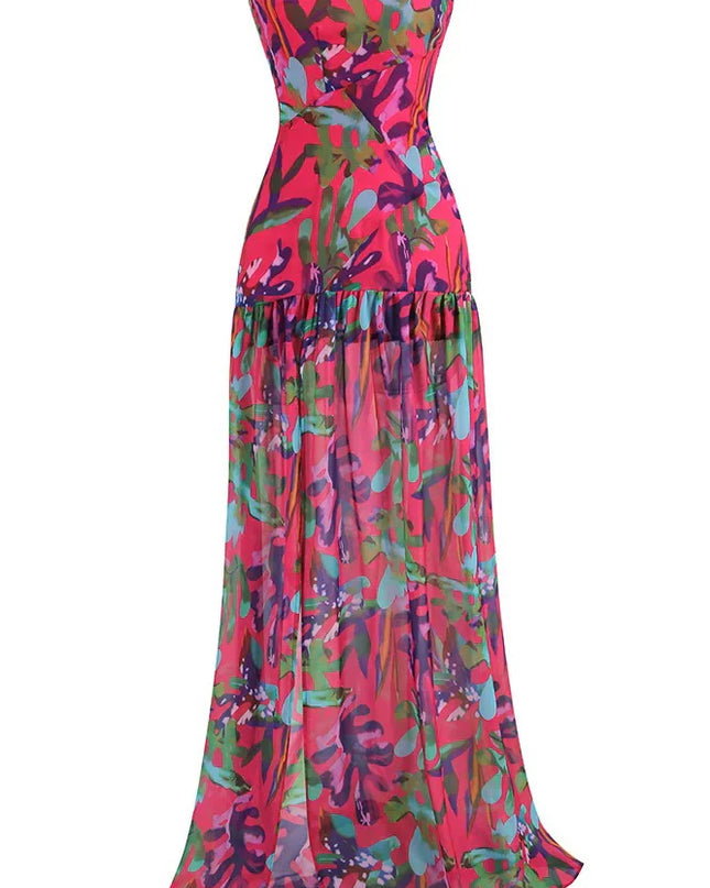 Pam Baskılı Straplez Yırtmaçlı Uzun Elbise