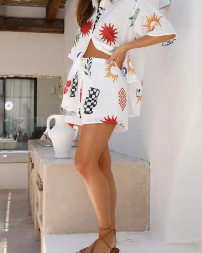 Baskılı Günlük Lastikli Şort-Takım