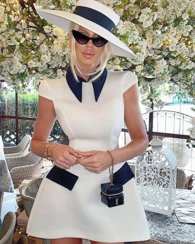 Adela Kısa Kollu Kontrast Polyester Mini Elbise