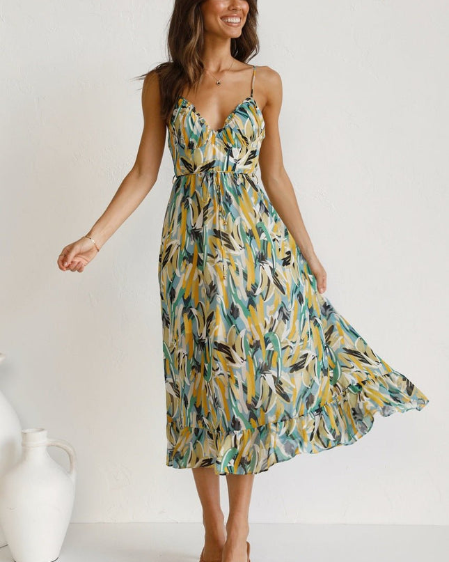 Adela Baskılı Volanlı Midi Yazlık Elbise