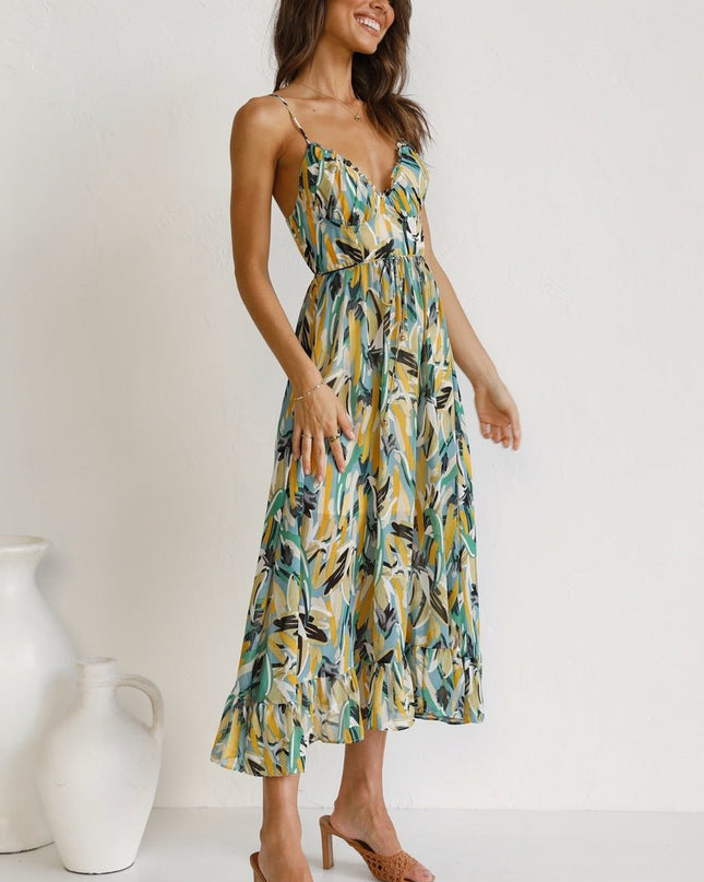 Adela Baskılı Volanlı Midi Yazlık Elbise