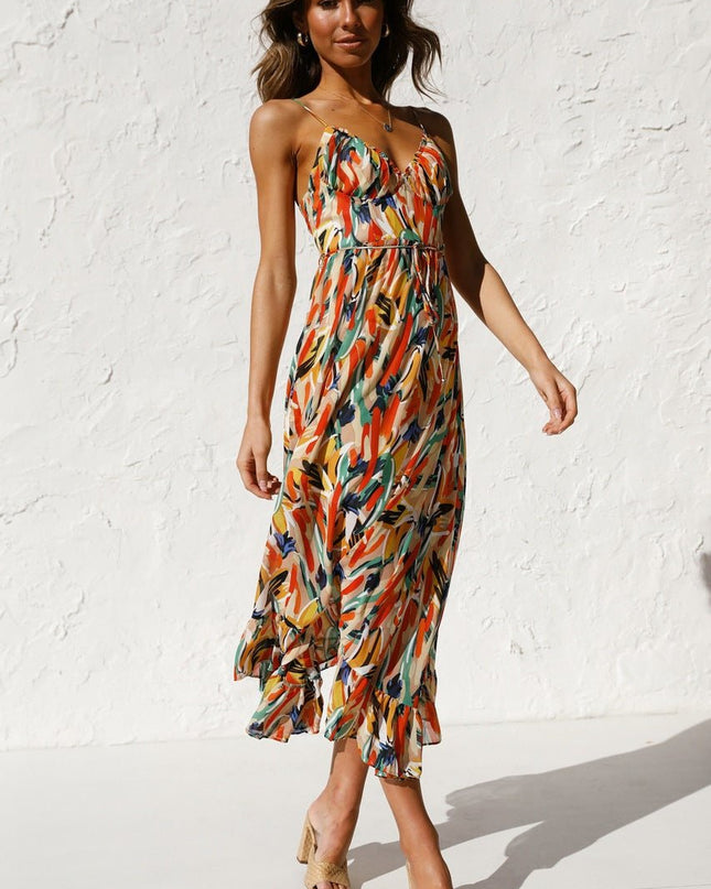 Adela Baskılı Volanlı Midi Yazlık Elbise