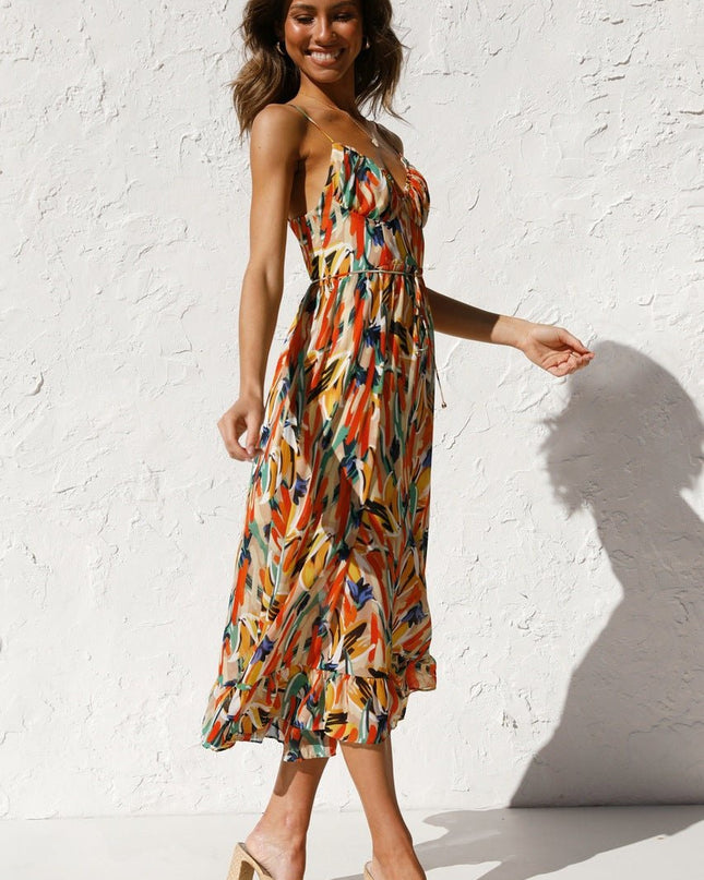 Adela Baskılı Volanlı Midi Yazlık Elbise