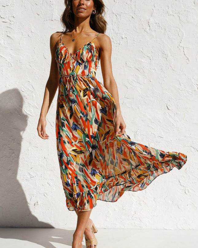 Adela Baskılı Volanlı Midi Yazlık Elbise