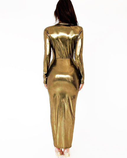 Ailiyah Metalik V Yaka Yırtmaçlı Midi Elbise