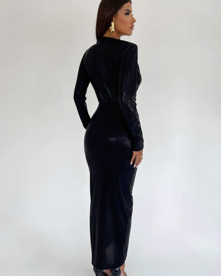 Ailiyah Metalik V Yaka Yırtmaçlı Midi Elbise