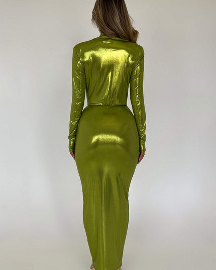 Ailiyah Metalik V Yaka Yırtmaçlı Midi Elbise