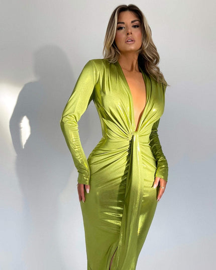 Ailiyah Metalik V Yaka Yırtmaçlı Midi Elbise