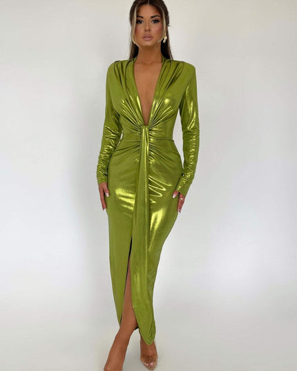 Ailiyah Metalik V Yaka Yırtmaçlı Midi Elbise