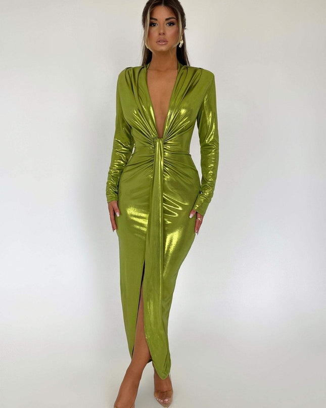 Ailiyah Metalik V Yaka Yırtmaçlı Midi Elbise