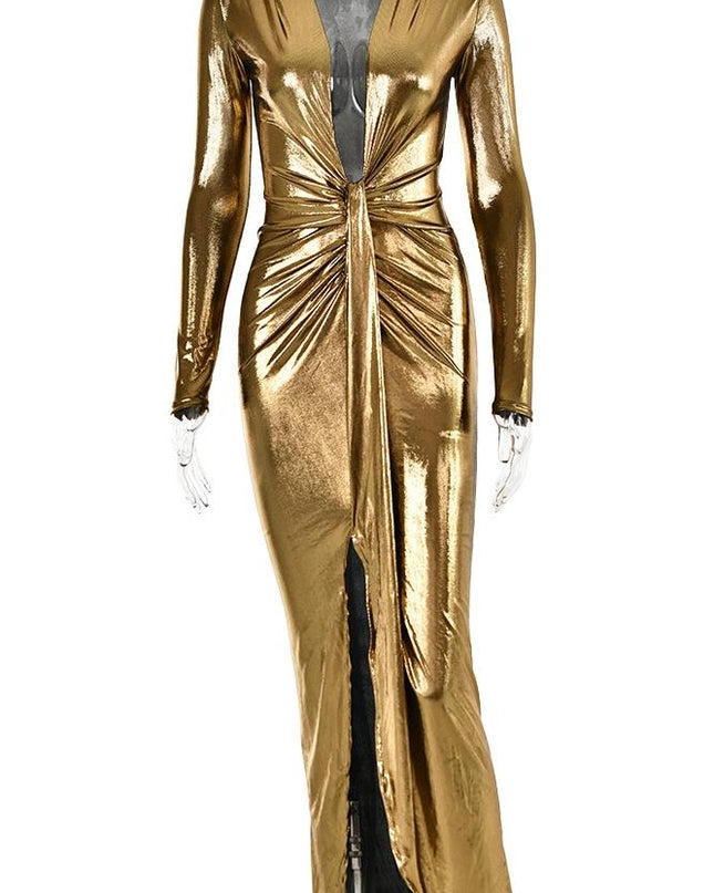 Ailiyah Metalik V Yaka Yırtmaçlı Midi Elbise