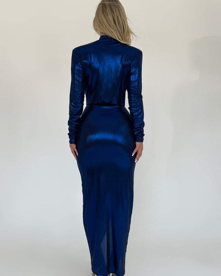 Ailiyah Metalik V Yaka Yırtmaçlı Midi Elbise