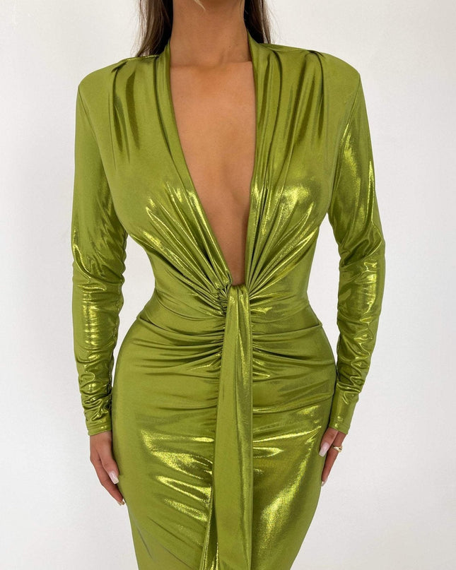 Ailiyah Metalik V Yaka Yırtmaçlı Midi Elbise