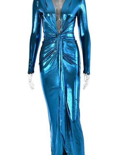 Ailiyah Metalik V Yaka Yırtmaçlı Midi Elbise