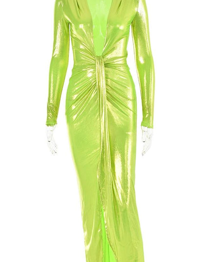 Ailiyah Metalik V Yaka Yırtmaçlı Midi Elbise