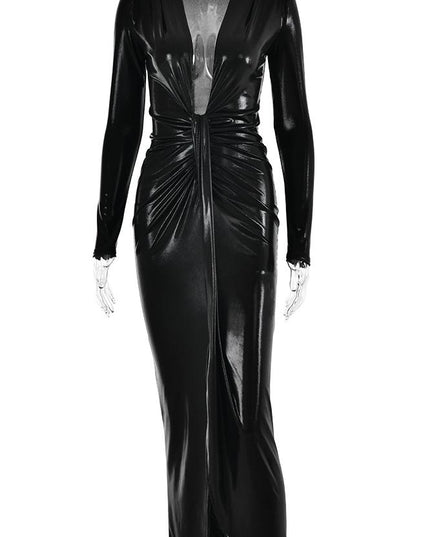 Ailiyah Metalik V Yaka Yırtmaçlı Midi Elbise