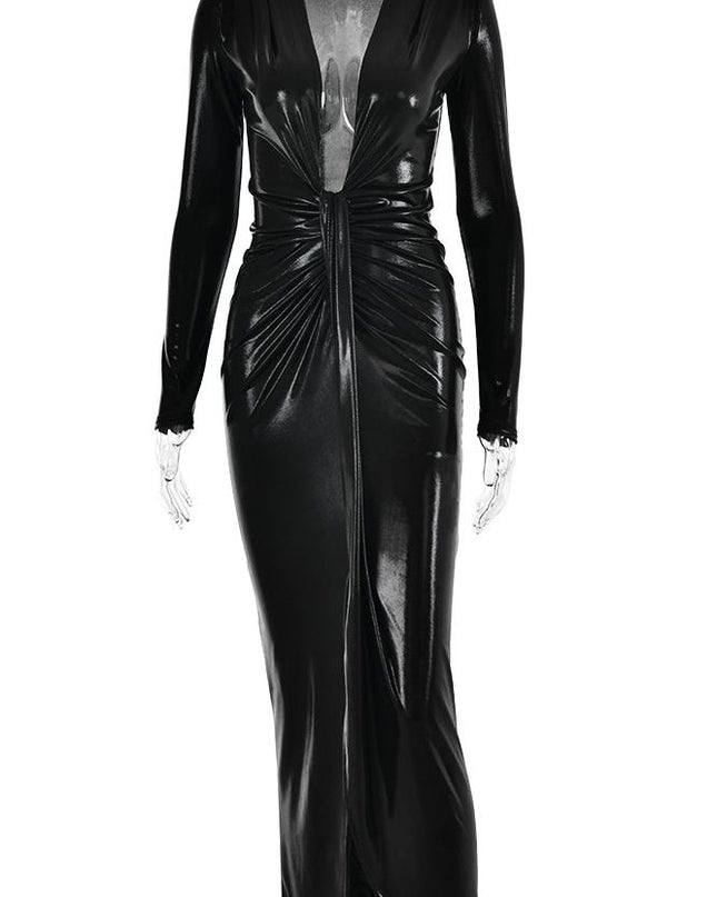 Ailiyah Metalik V Yaka Yırtmaçlı Midi Elbise