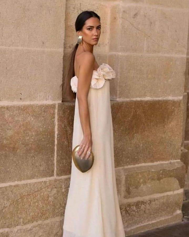 Alva Çiçekli Örme Straplez Uzun Elbise