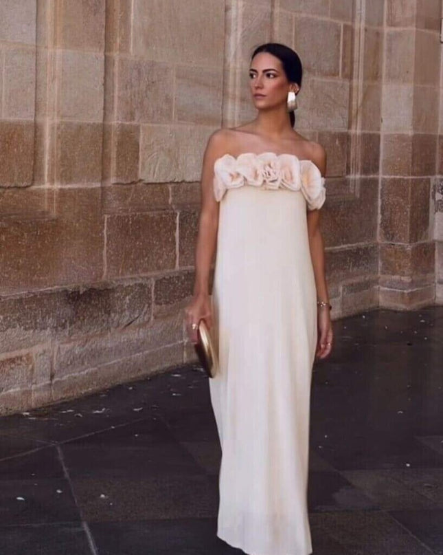 Alva Çiçekli Örme Straplez Uzun Elbise