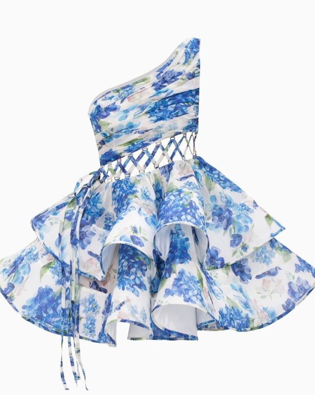 Andrea Çiçek Baskılı Tek Omuz Mini Şifon Elbise