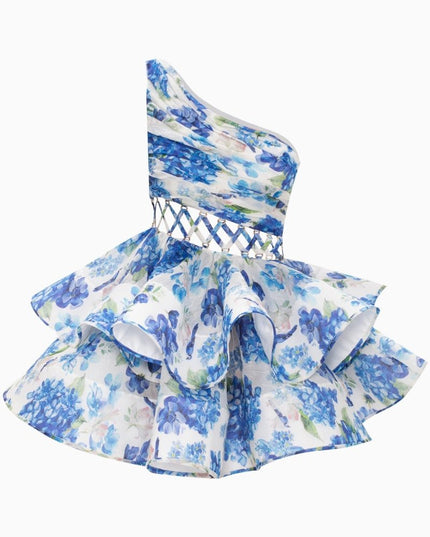 Andrea Çiçek Baskılı Tek Omuz Mini Şifon Elbise