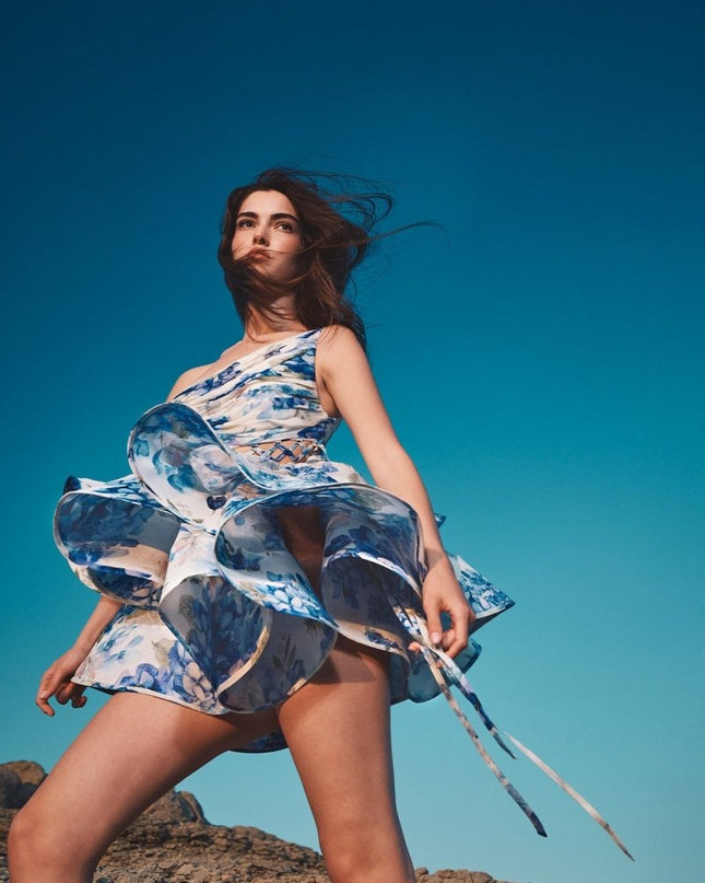 Andrea Çiçek Baskılı Tek Omuz Mini Şifon Elbise