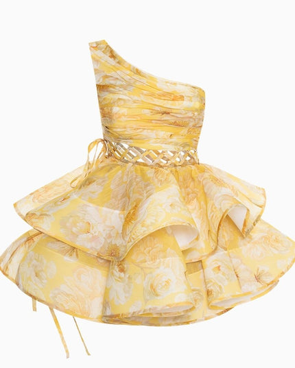 Andrea Çiçek Baskılı Tek Omuz Mini Şifon Elbise