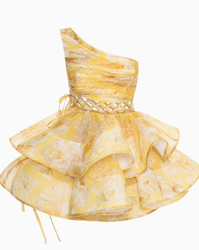 Andrea Çiçek Baskılı Tek Omuz Mini Şifon Elbise