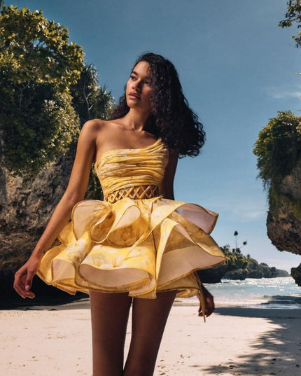 Andrea Çiçek Baskılı Tek Omuz Mini Şifon Elbise