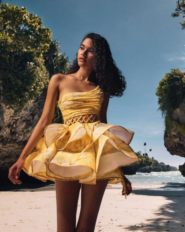 Andrea Çiçek Baskılı Tek Omuz Mini Şifon Elbise