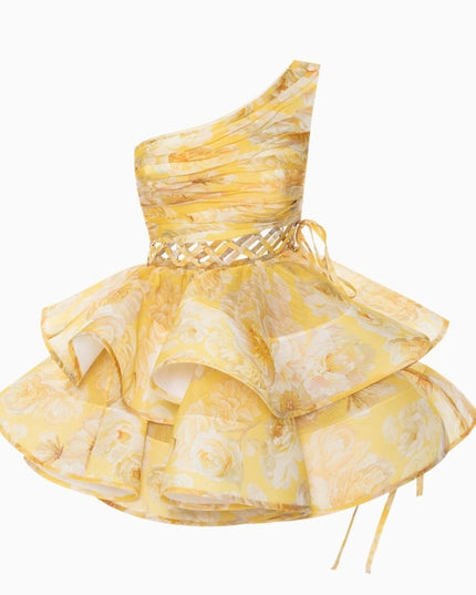 Andrea Çiçek Baskılı Tek Omuz Mini Şifon Elbise