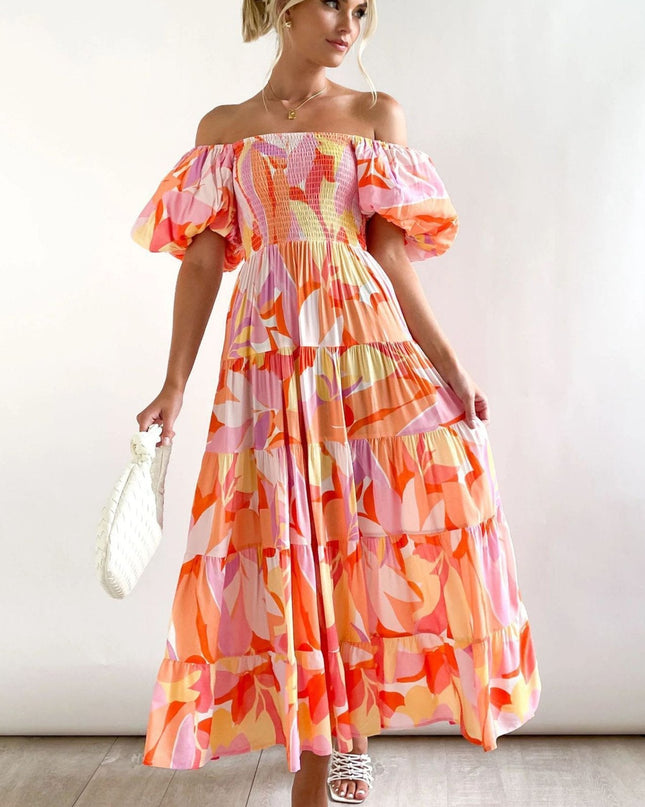 Andrea Baskılı Omuzu Açık Puf Kol Katlı Maxi Elbise