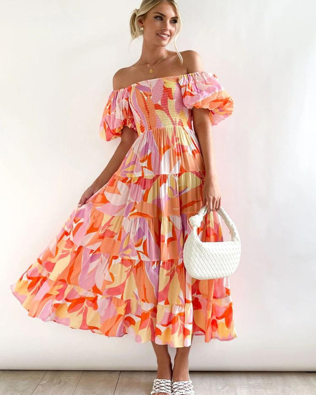 Andrea Baskılı Omuzu Açık Puf Kol Katlı Maxi Elbise