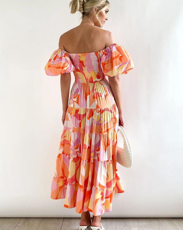 Andrea Baskılı Omuzu Açık Puf Kol Katlı Maxi Elbise