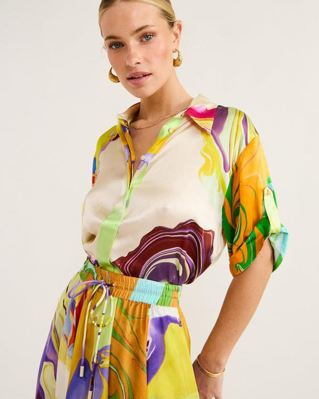 Anna Baskılı Saten Bluz Takımı