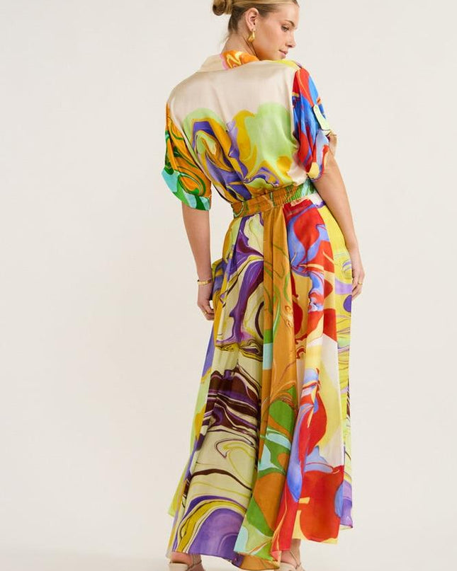 Anna Baskılı Saten Bluz Takımı