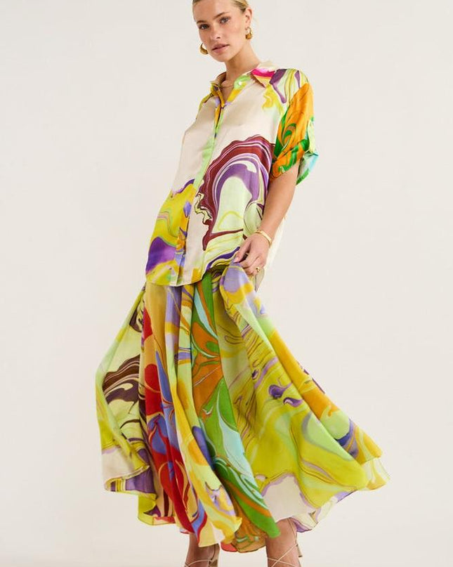 Anna Baskılı Saten Bluz Takımı