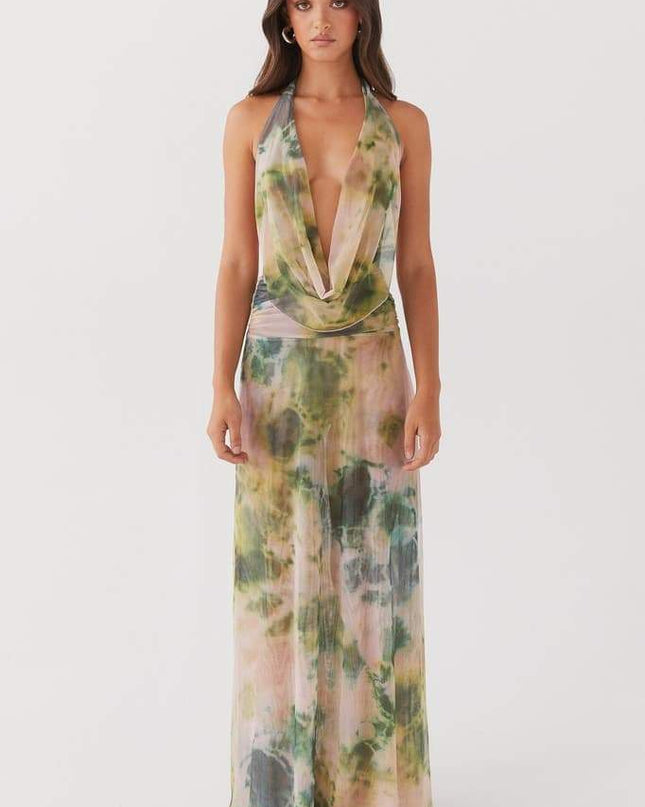 Antonia Baskılı Halter Yaka Uzun Elbise