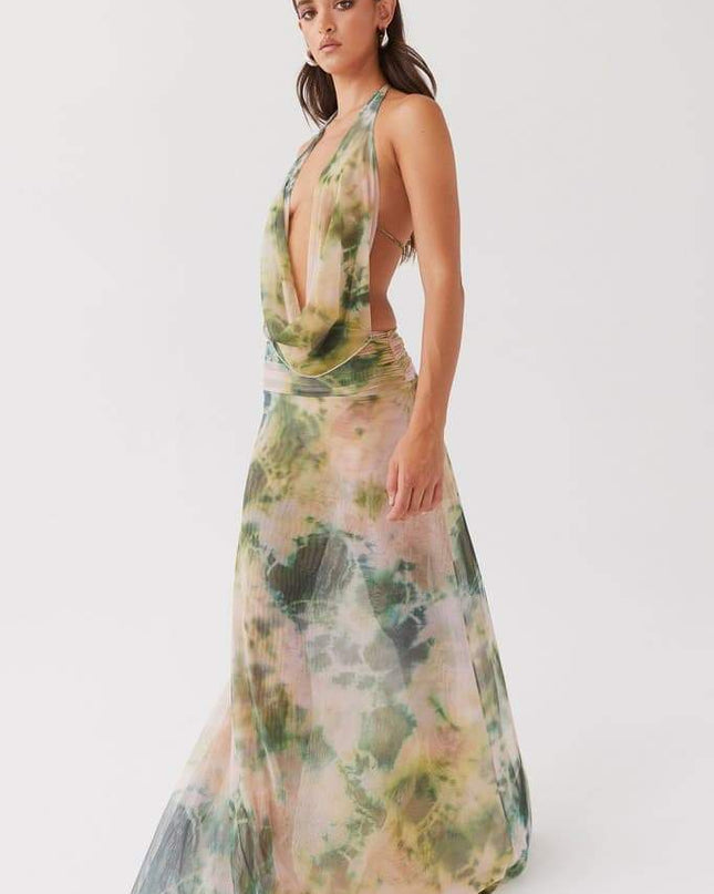 Antonia Baskılı Halter Yaka Uzun Elbise