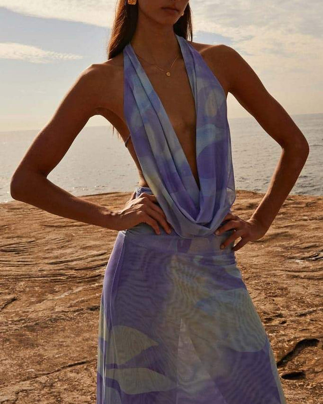 Antonia Baskılı Halter Yaka Uzun Elbise