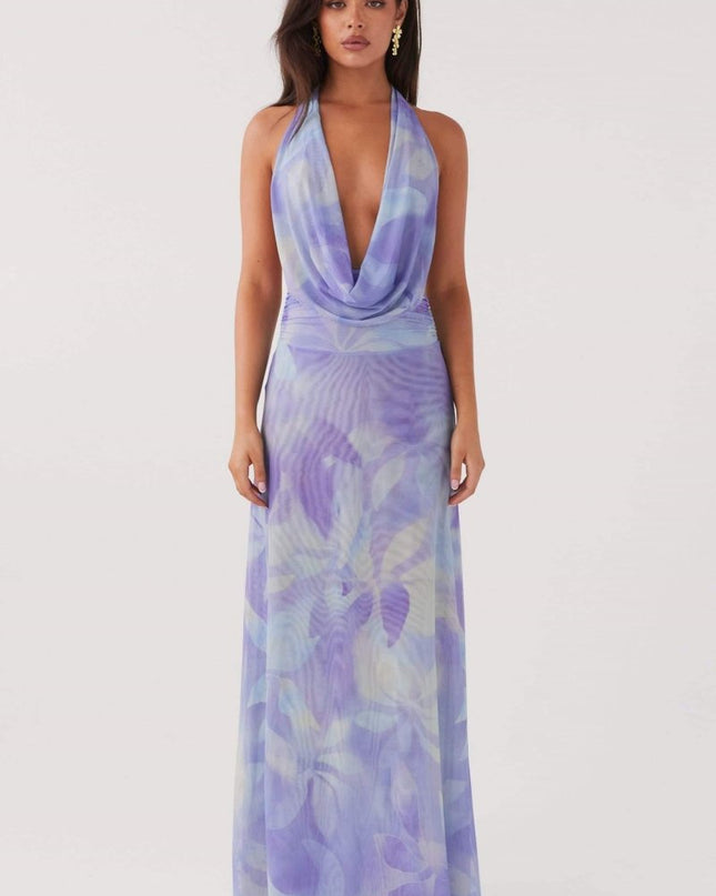 Antonia Baskılı Halter Yaka Uzun Elbise