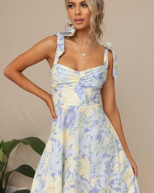 Beata Baskılı Askılı Midi Elbise