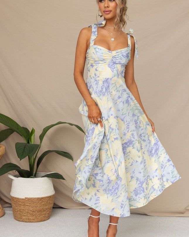 Beata Baskılı Askılı Midi Elbise