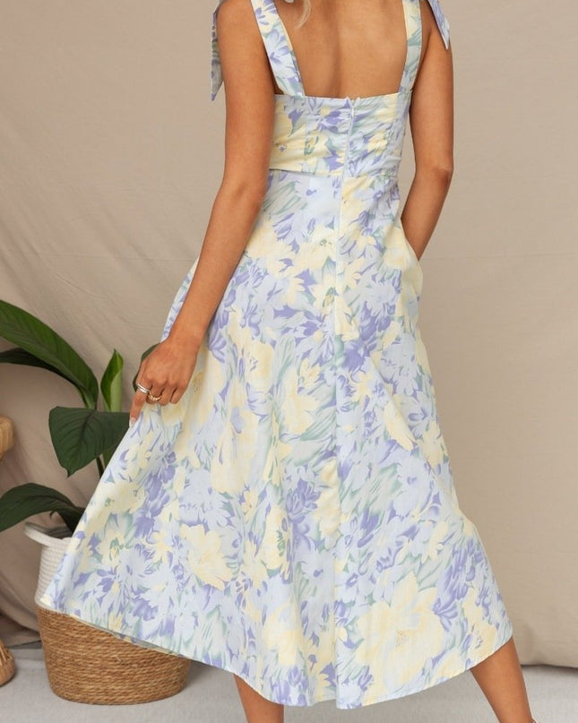 Beata Baskılı Askılı Midi Elbise