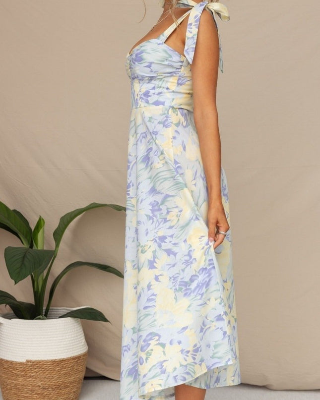 Beata Baskılı Askılı Midi Elbise