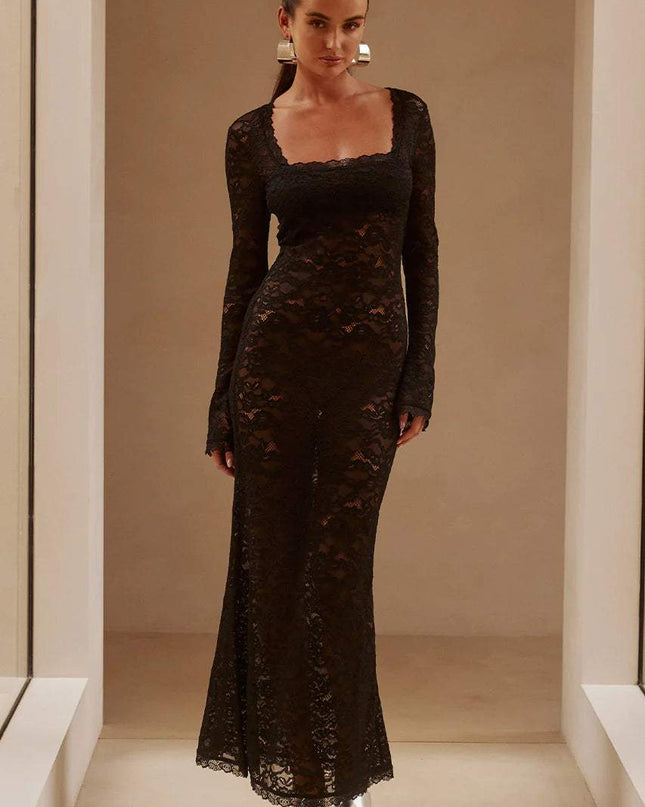 Bertha Kare Yaka Dantel Uzun Elbise