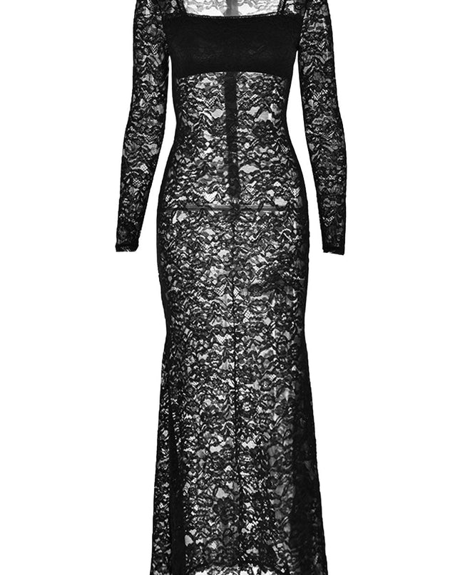 Bertha Kare Yaka Dantel Uzun Elbise