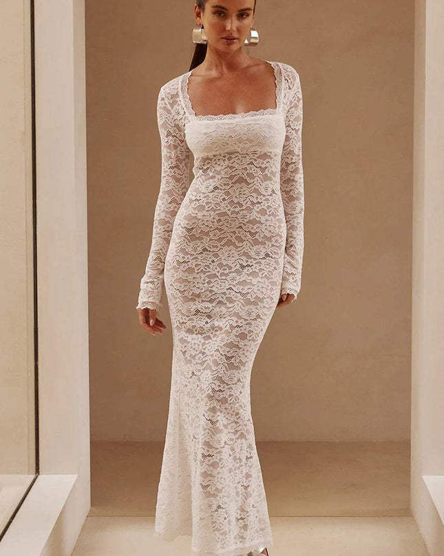 Bertha Kare Yaka Dantel Uzun Elbise