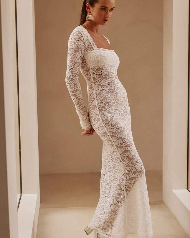 Bertha Kare Yaka Dantel Uzun Elbise