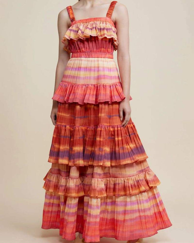 Bertina Baskılı Katmanlı Uzun Elbise